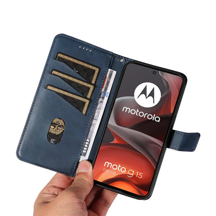 For Motorola Moto G15 Power 4G / Motorola Moto G15 4G Leather Case Geometric Line Design Wallet Phone Cover with Wrist Strap