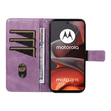 For Motorola Moto G15 Power 4G / Motorola Moto G15 4G Leather Case Geometric Line Design Wallet Phone Cover with Wrist Strap