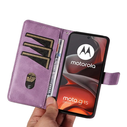 For Motorola Moto G15 Power 4G / Motorola Moto G15 4G Leather Case Geometric Line Design Wallet Phone Cover with Wrist Strap