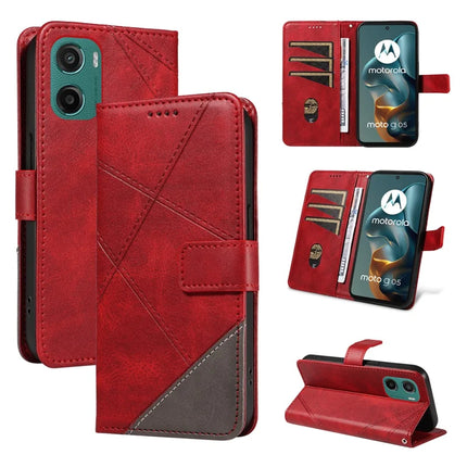 For Motorola Moto G05 4G Leather Case Geometric Line Design Wallet Phone Cover with Wrist Strap - Red