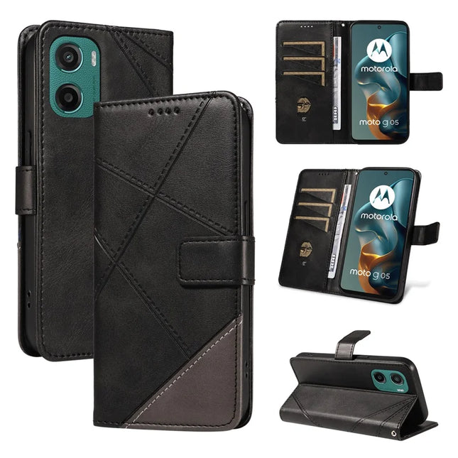 For Motorola Moto G05 4G Leather Case Geometric Line Design Wallet Phone Cover with Wrist Strap - Black