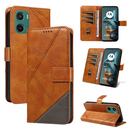 For Motorola Moto G05 4G Leather Case Geometric Line Design Wallet Phone Cover with Wrist Strap - Brown