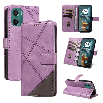 For Motorola Moto G05 4G Leather Case Geometric Line Design Wallet Phone Cover with Wrist Strap - Purple