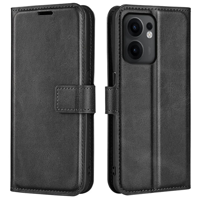 For Oppo Reno13 F 5G Stand Case Anti-Scratch Calf Texture Leather Phone Cover - Black