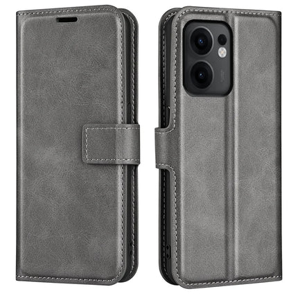 For Oppo Reno13 F 5G Stand Case Anti-Scratch Calf Texture Leather Phone Cover - Grey