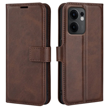 For Oppo Reno13 F 5G Stand Case Anti-Scratch Calf Texture Leather Phone Cover - Brown