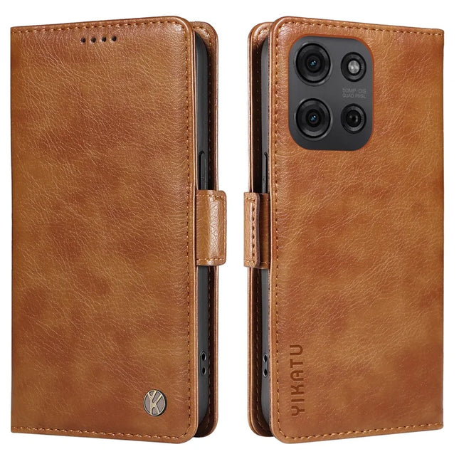 YIKATU YK-007 For Motorola Moto G75 5G Case Side Buckle PU Leather Phone Cover Litchi Texture - Brown