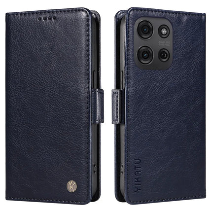 YIKATU YK-007 For Motorola Moto G75 5G Case Side Buckle PU Leather Phone Cover Litchi Texture - Navy Blue