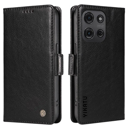 YIKATU YK-007 For Motorola Moto G75 5G Case Side Buckle PU Leather Phone Cover Litchi Texture - Black