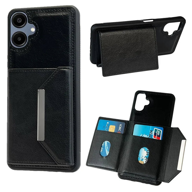 For Samsung Galaxy A06 5G / A06 Case Card Bag Kickstand TPU + PU Phone Cover - Black