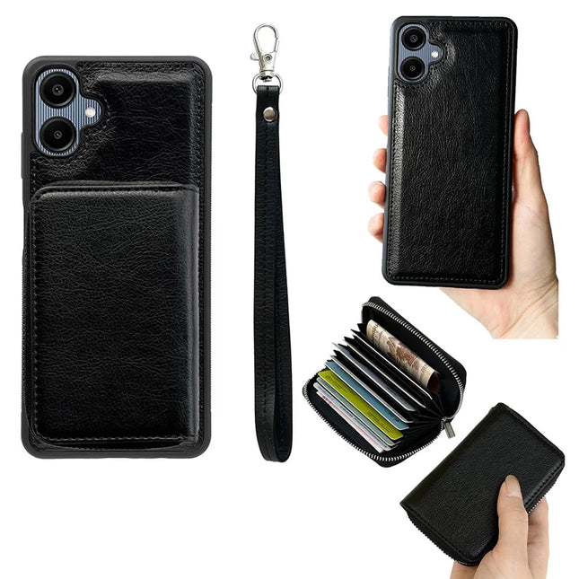 For Samsung Galaxy A06 Case Detachable Zipper Card Bag PU TPU Kickstand Phone Case with Strap - Black