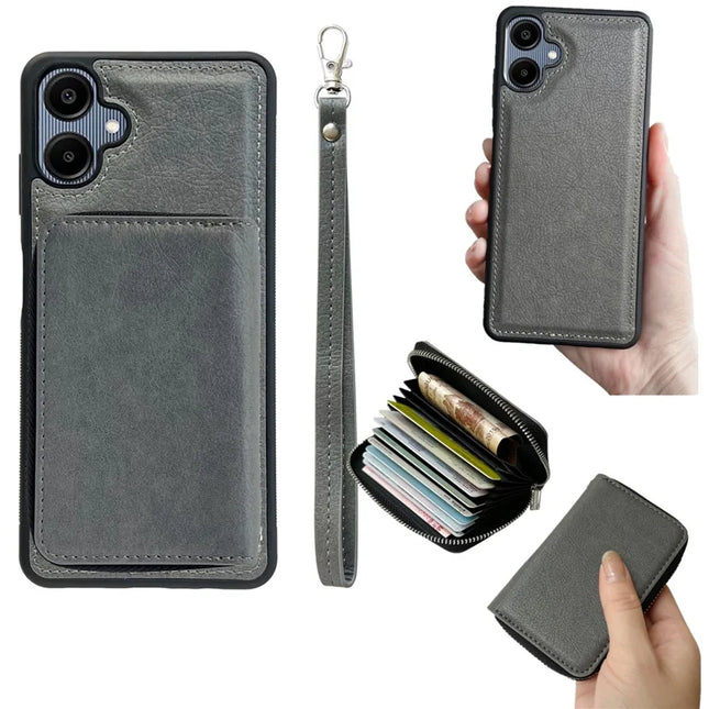 For Samsung Galaxy A06 Case Detachable Zipper Card Bag PU TPU Kickstand Phone Case with Strap - Grey