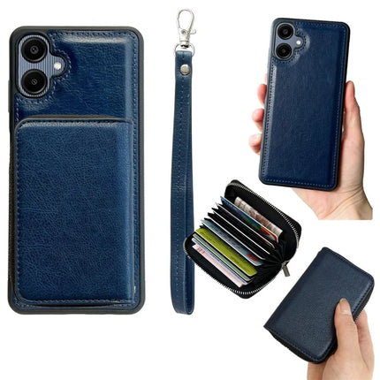 For Samsung Galaxy A06 Case Detachable Zipper Card Bag PU TPU Kickstand Phone Case with Strap - Sapphire
