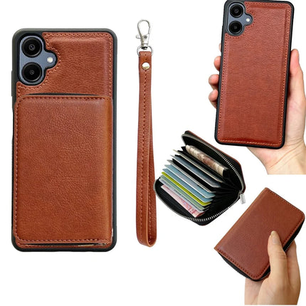 For Samsung Galaxy A06 Case Detachable Zipper Card Bag PU TPU Kickstand Phone Case with Strap - Brown