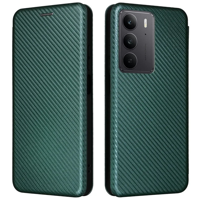 For Realme C75 Case Carbon Fiber Texture Drop-Proof PU Leather Phone Cover - Green
