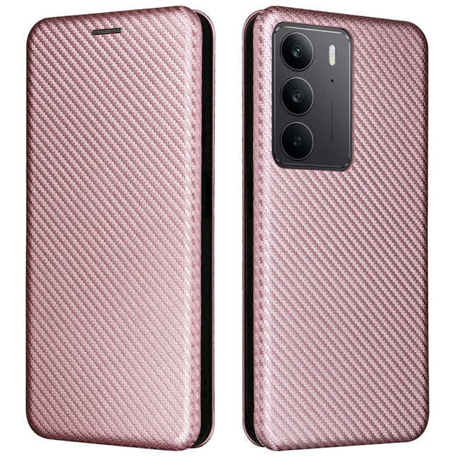 For Realme C75 Case Carbon Fiber Texture Drop-Proof PU Leather Phone Cover - Rose Gold