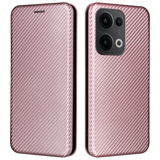 For Oppo Reno13 5G (Global) Case Carbon Fiber Texture Drop-Proof PU Leather Phone Cover - Rose Gold