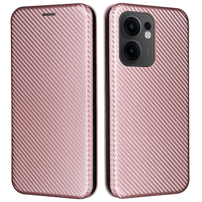 For Oppo Reno13 F 5G Case Carbon Fiber Texture Drop-Proof PU Leather Phone Cover - Rose Gold