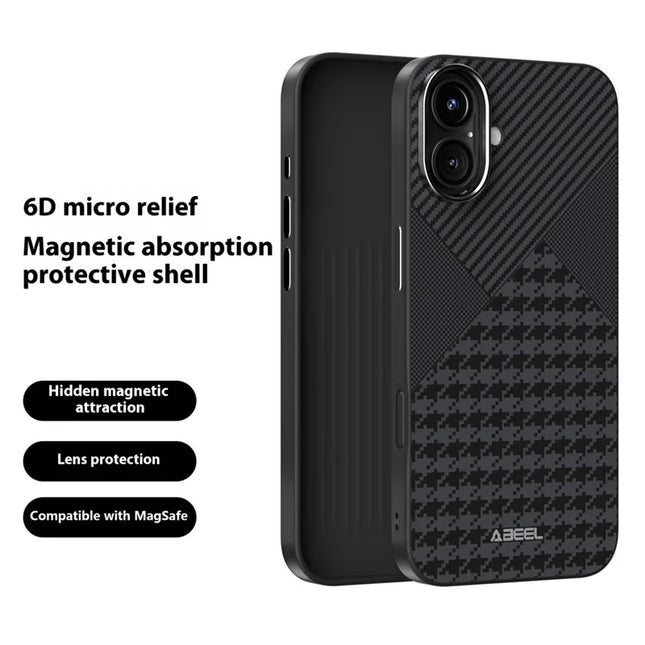 ABEEL For iPhone 16 Case Compatible with MagSafe Micro-Embossing PC TPU Aluminum Alloy Leather Phone Cover