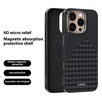 ABEEL For iPhone 16 Pro Case Compatible with MagSafe Micro-Embossing PC TPU Aluminum Alloy Leather Phone Cover