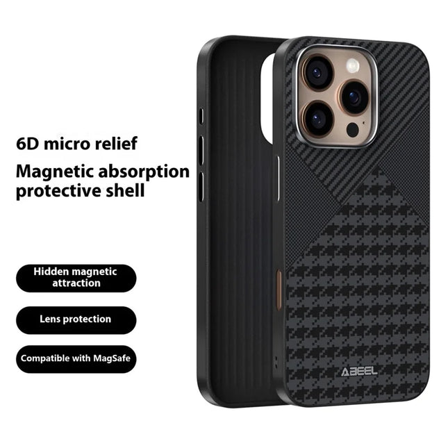 ABEEL For iPhone 16 Pro Max Case Compatible with MagSafe Micro-Embossing PC TPU Aluminum Alloy Leather Phone Cover