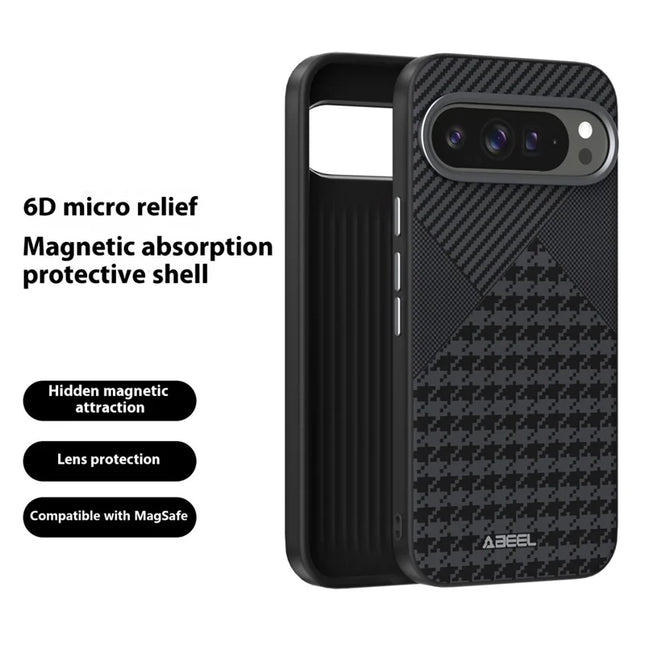 ABEEL For Google Pixel 9 Pro / Pixel 9 Case Compatible with MagSafe Micro-Embossing PC TPU Aluminum Alloy Leather Phone Cover