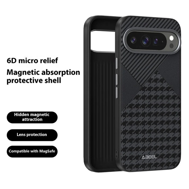 ABEEL For Google Pixel 9 Pro XL Case Compatible with MagSafe Micro-Embossing PC TPU Aluminum Alloy Leather Phone Cover