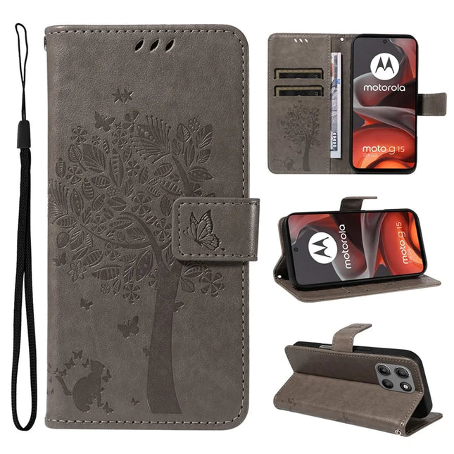 For Motorola Moto G15 4G Leather Phone Case Cat Tree Pattern Design Wallet Cover Stand - Grey