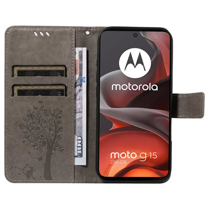 For Motorola Moto G15 4G Leather Phone Case Cat Tree Pattern Design Wallet Cover Stand