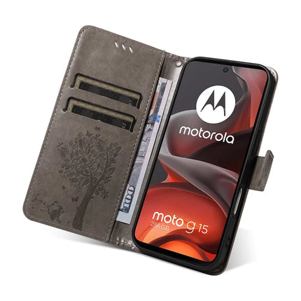 For Motorola Moto G15 4G Leather Phone Case Cat Tree Pattern Design Wallet Cover Stand