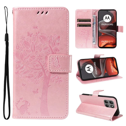 For Motorola Moto G15 4G Leather Phone Case Cat Tree Pattern Design Wallet Cover Stand - Rose Gold
