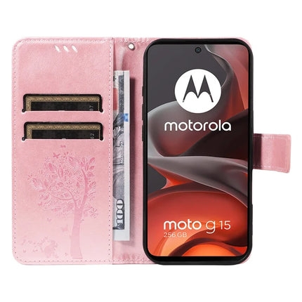 For Motorola Moto G15 4G Leather Phone Case Cat Tree Pattern Design Wallet Cover Stand