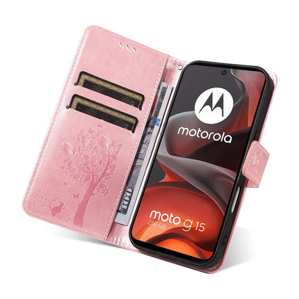 For Motorola Moto G15 4G Leather Phone Case Cat Tree Pattern Design Wallet Cover Stand
