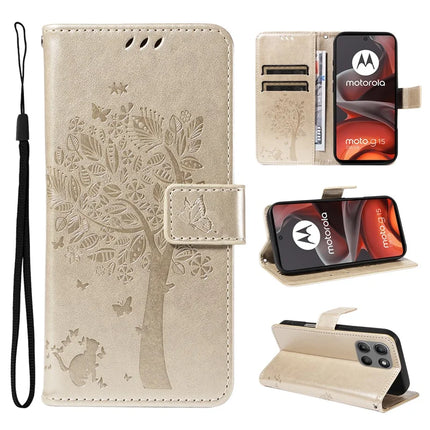 For Motorola Moto G15 4G Leather Phone Case Cat Tree Pattern Design Wallet Cover Stand - Gold