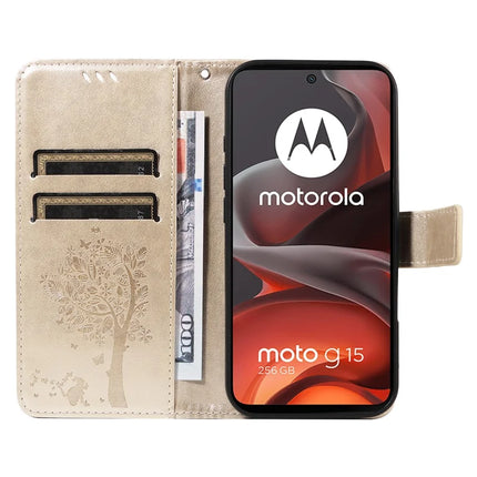 For Motorola Moto G15 4G Leather Phone Case Cat Tree Pattern Design Wallet Cover Stand