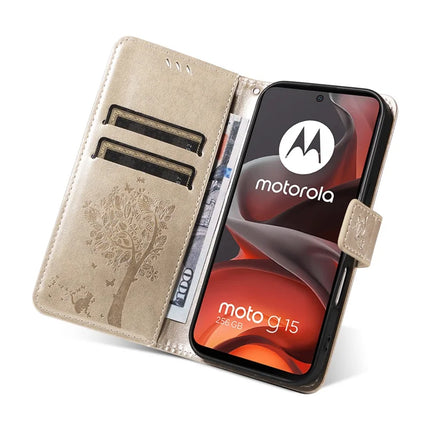 For Motorola Moto G15 4G Leather Phone Case Cat Tree Pattern Design Wallet Cover Stand