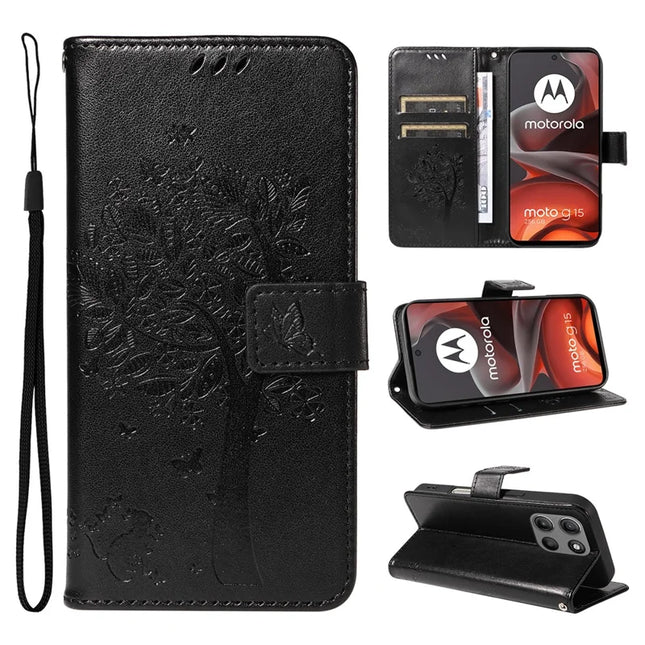 For Motorola Moto G15 4G Leather Phone Case Cat Tree Pattern Design Wallet Cover Stand -  Black