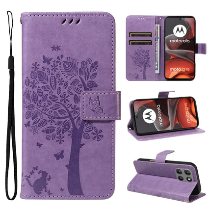 For Motorola Moto G15 4G Leather Phone Case Cat Tree Pattern Design Wallet Cover Stand -  Light Purple