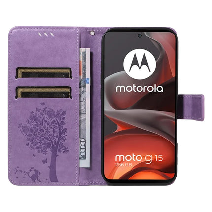 For Motorola Moto G15 4G Leather Phone Case Cat Tree Pattern Design Wallet Cover Stand -  Light Purple