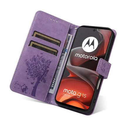For Motorola Moto G15 4G Leather Phone Case Cat Tree Pattern Design Wallet Cover Stand -  Light Purple