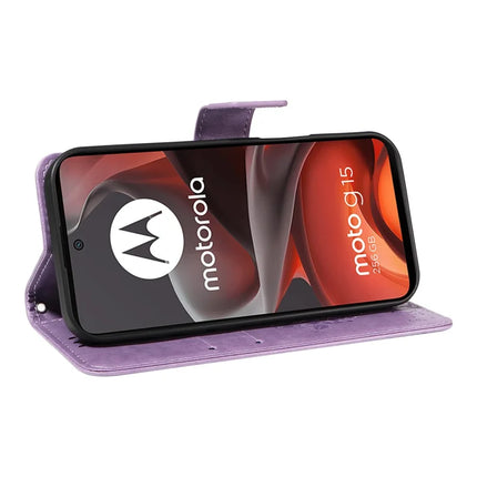 For Motorola Moto G15 4G Leather Phone Case Cat Tree Pattern Design Wallet Cover Stand -  Light Purple