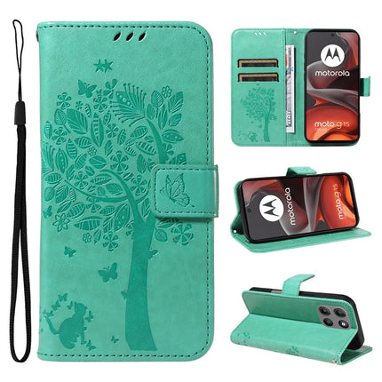 For Motorola Moto G15 4G Leather Phone Case Cat Tree Pattern Design Wallet Cover Stand - Green