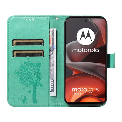 For Motorola Moto G15 4G Leather Phone Case Cat Tree Pattern Design Wallet Cover Stand