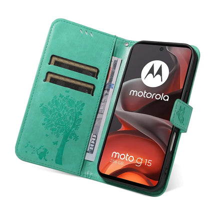 For Motorola Moto G15 4G Leather Phone Case Cat Tree Pattern Design Wallet Cover Stand