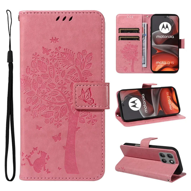 For Motorola Moto G15 4G Leather Phone Case Cat Tree Pattern Design Wallet Cover Stand - Pink
