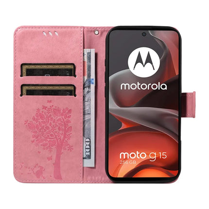 For Motorola Moto G15 4G Leather Phone Case Cat Tree Pattern Design Wallet Cover Stand