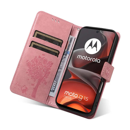 For Motorola Moto G15 4G Leather Phone Case Cat Tree Pattern Design Wallet Cover Stand