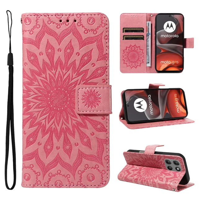 For Motorola Moto G15 4G Leather Wallet Case Sunflower Imprinted Phone Cover - Pink