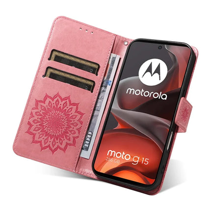 For Motorola Moto G15 4G Leather Wallet Case Sunflower Imprinted Phone Cover