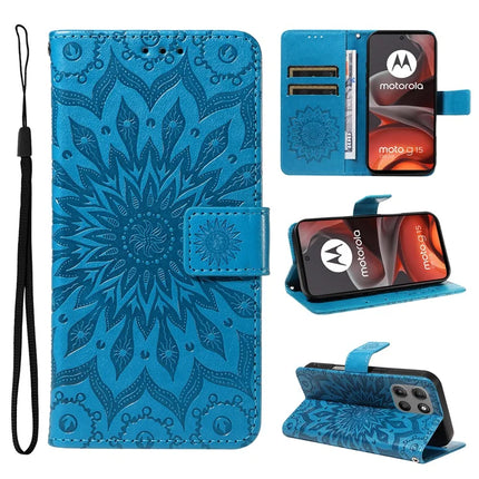For Motorola Moto G15 4G Leather Wallet Case Sunflower Imprinted Phone Cover - Blue